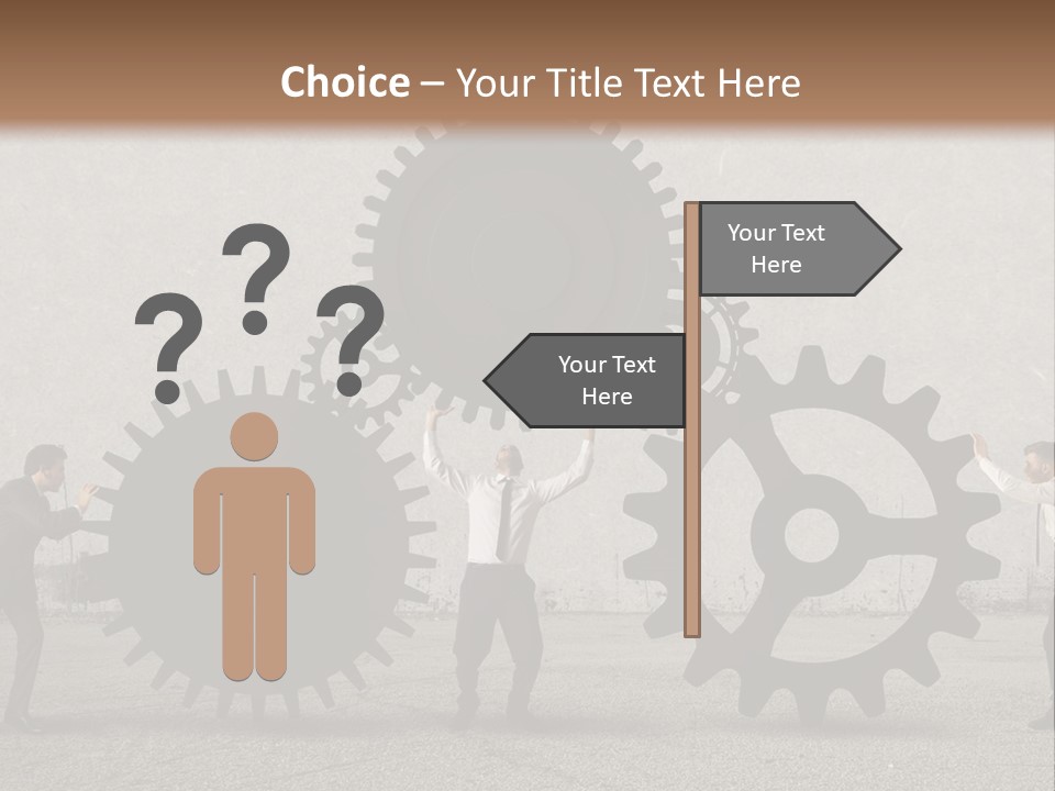 A Group Of People Holding Up Gears In Front Of A Wall PowerPoint Template
