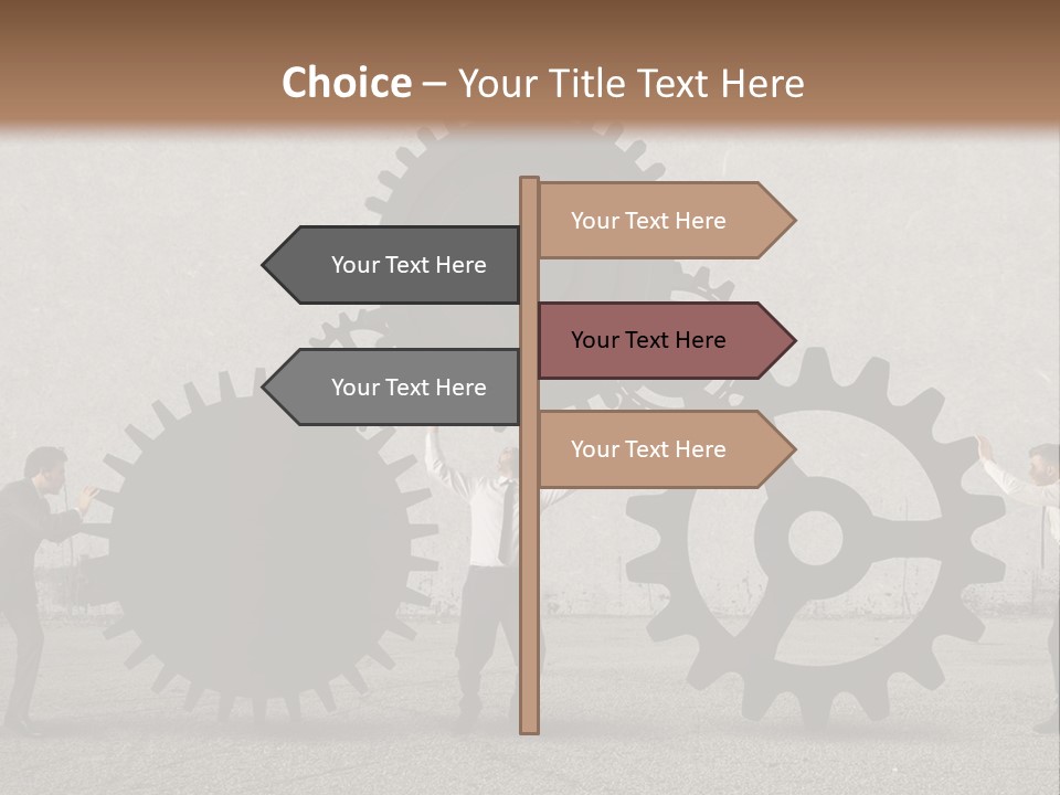 A Group Of People Holding Up Gears In Front Of A Wall PowerPoint Template