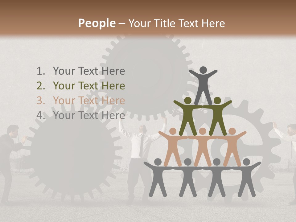 A Group Of People Holding Up Gears In Front Of A Wall PowerPoint Template