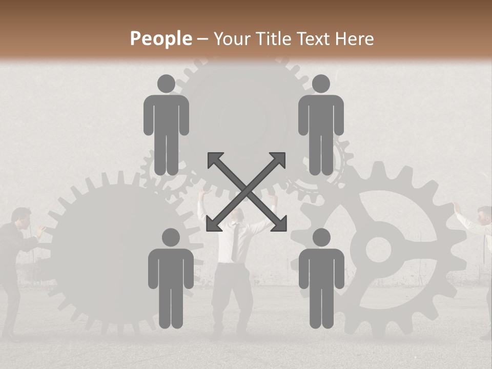 A Group Of People Holding Up Gears In Front Of A Wall PowerPoint Template