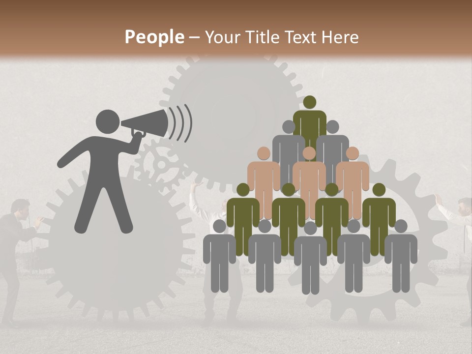 A Group Of People Holding Up Gears In Front Of A Wall PowerPoint Template