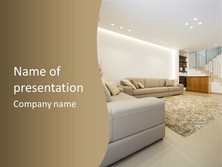 A Living Room With A Couch And A Stair Case PowerPoint Template