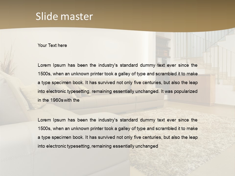A Living Room With A Couch And A Stair Case PowerPoint Template