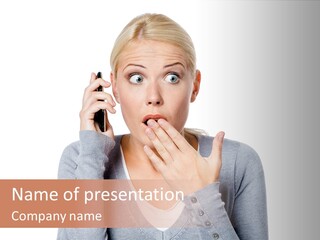 A Woman Holding A Cell Phone Up To Her Mouth PowerPoint Template