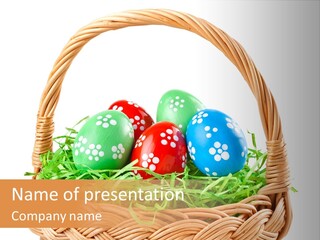 A Basket Filled With Colorful Easter Eggs On Top Of Green Grass PowerPoint Template