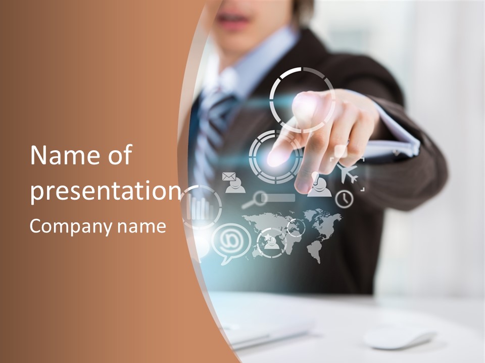 A Woman In A Business Suit Touching A Touch Screen PowerPoint Template