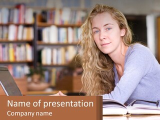 A Woman Sitting At A Table With A Book In Front Of Her PowerPoint Template