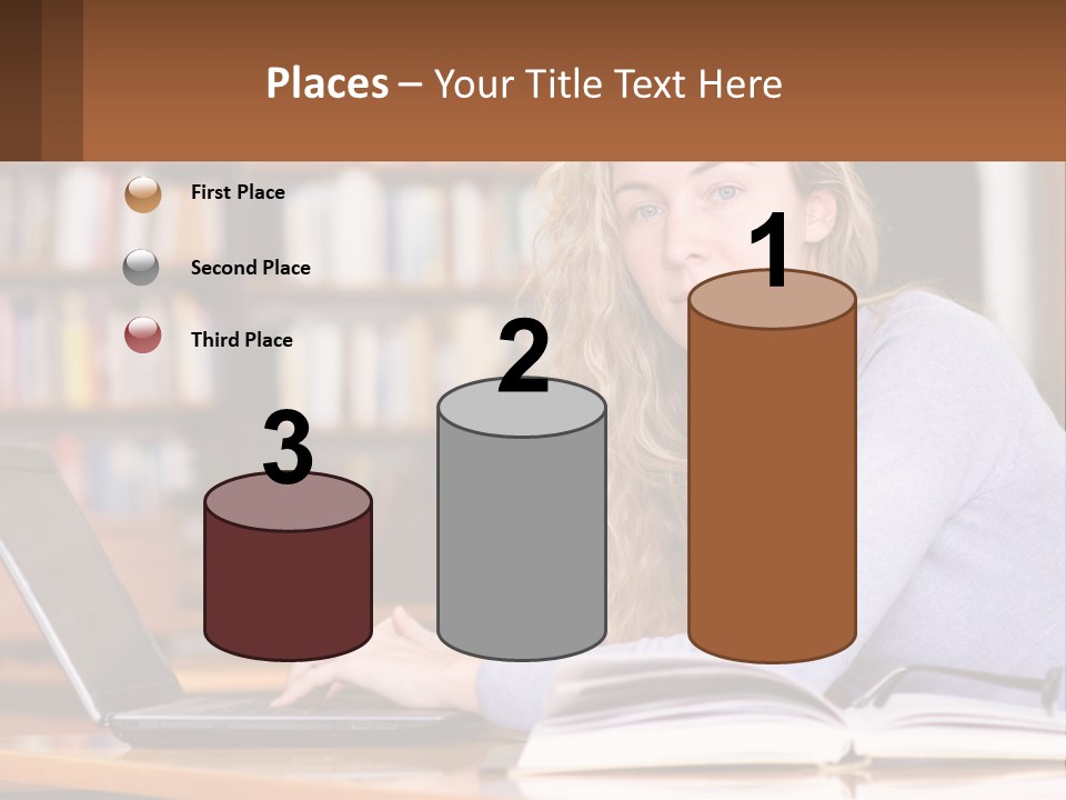 A Woman Sitting At A Table With A Book In Front Of Her PowerPoint Template