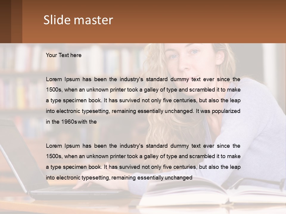 A Woman Sitting At A Table With A Book In Front Of Her PowerPoint Template