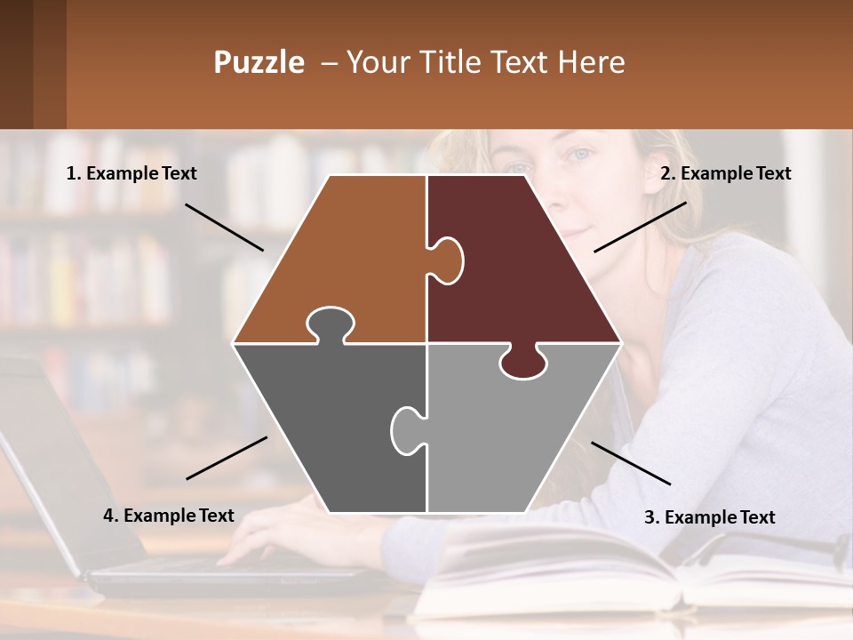 A Woman Sitting At A Table With A Book In Front Of Her PowerPoint Template