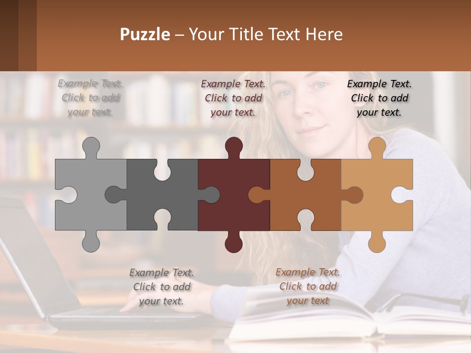 A Woman Sitting At A Table With A Book In Front Of Her PowerPoint Template