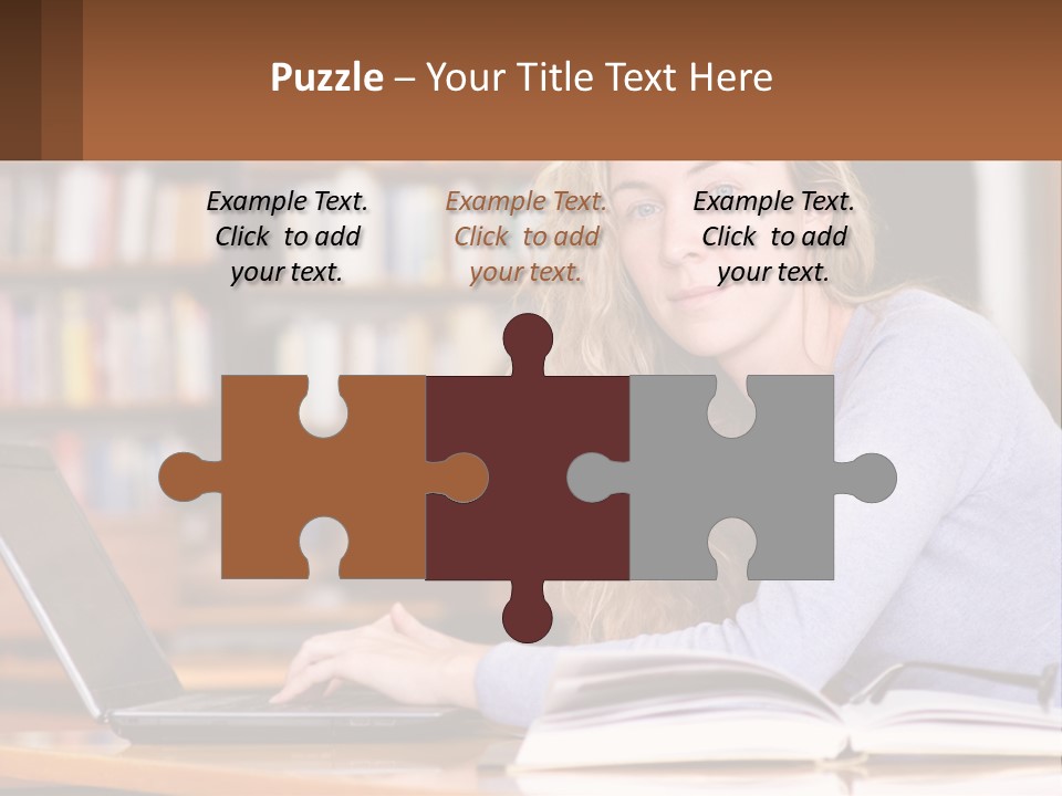 A Woman Sitting At A Table With A Book In Front Of Her PowerPoint Template