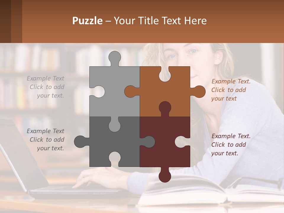A Woman Sitting At A Table With A Book In Front Of Her PowerPoint Template