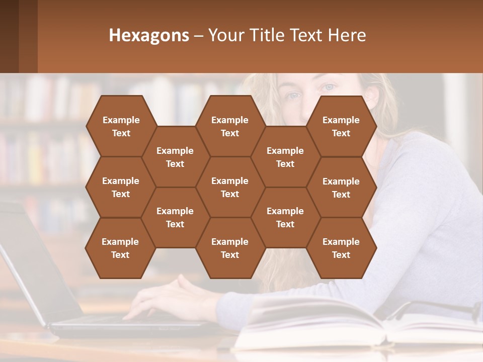 A Woman Sitting At A Table With A Book In Front Of Her PowerPoint Template