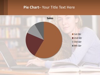 A Woman Sitting At A Table With A Book In Front Of Her PowerPoint Template
