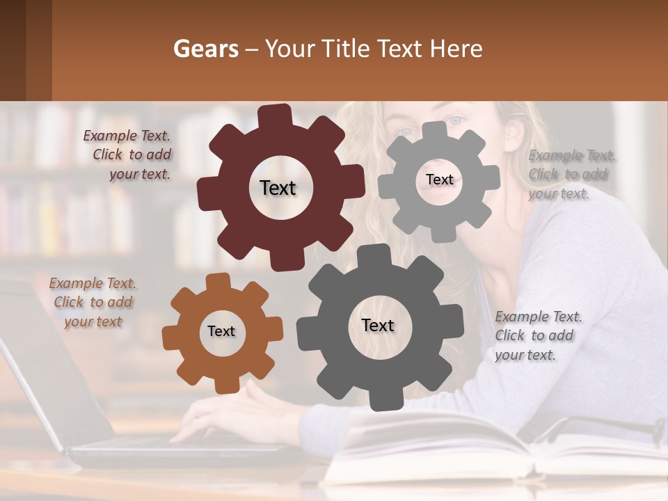 A Woman Sitting At A Table With A Book In Front Of Her PowerPoint Template