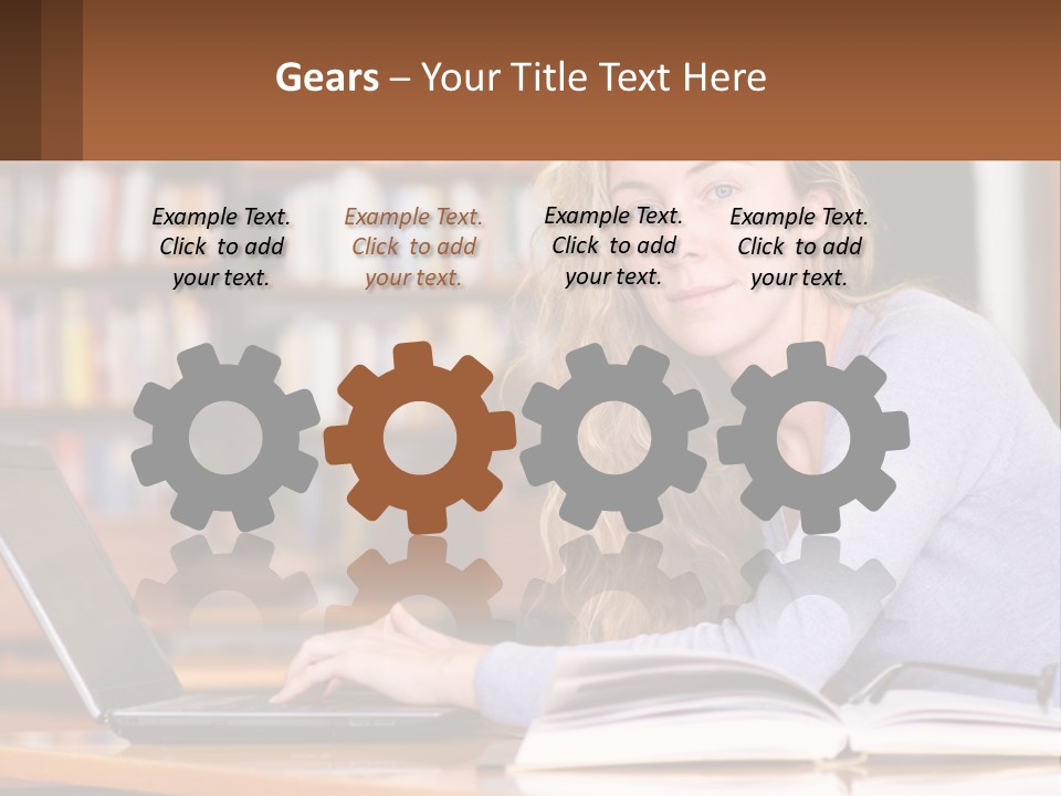 A Woman Sitting At A Table With A Book In Front Of Her PowerPoint Template