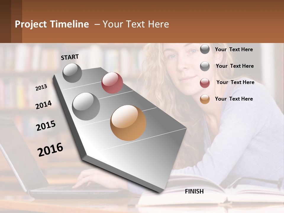A Woman Sitting At A Table With A Book In Front Of Her PowerPoint Template