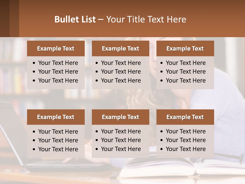 A Woman Sitting At A Table With A Book In Front Of Her PowerPoint Template