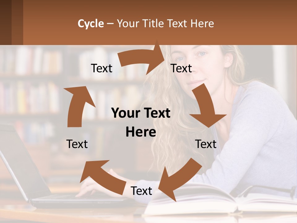 A Woman Sitting At A Table With A Book In Front Of Her PowerPoint Template