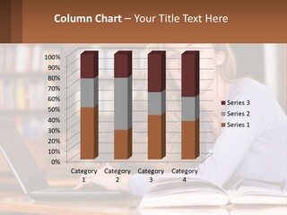 A Woman Sitting At A Table With A Book In Front Of Her PowerPoint Template