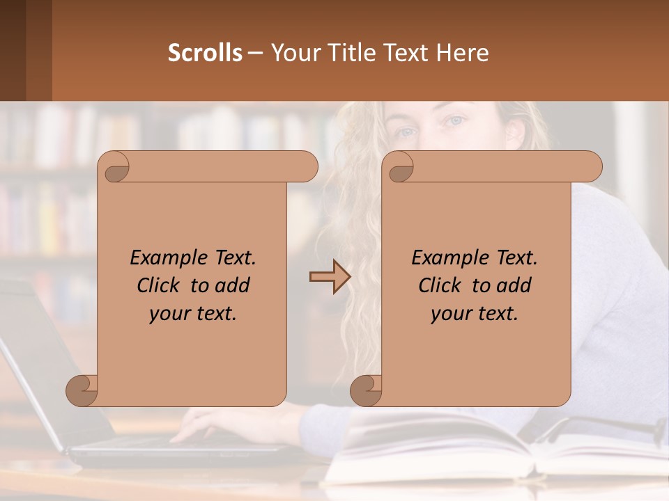 A Woman Sitting At A Table With A Book In Front Of Her PowerPoint Template