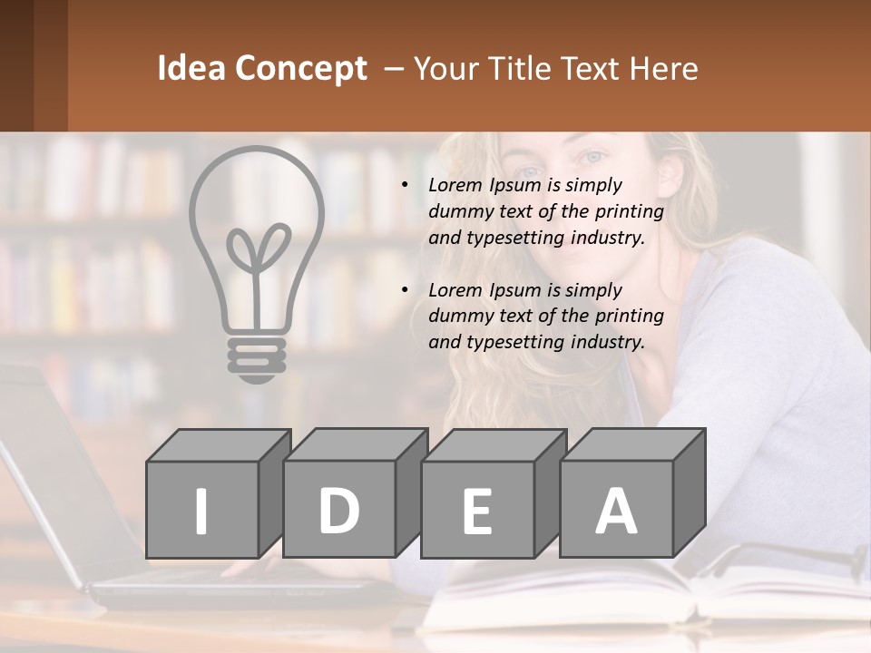 A Woman Sitting At A Table With A Book In Front Of Her PowerPoint Template