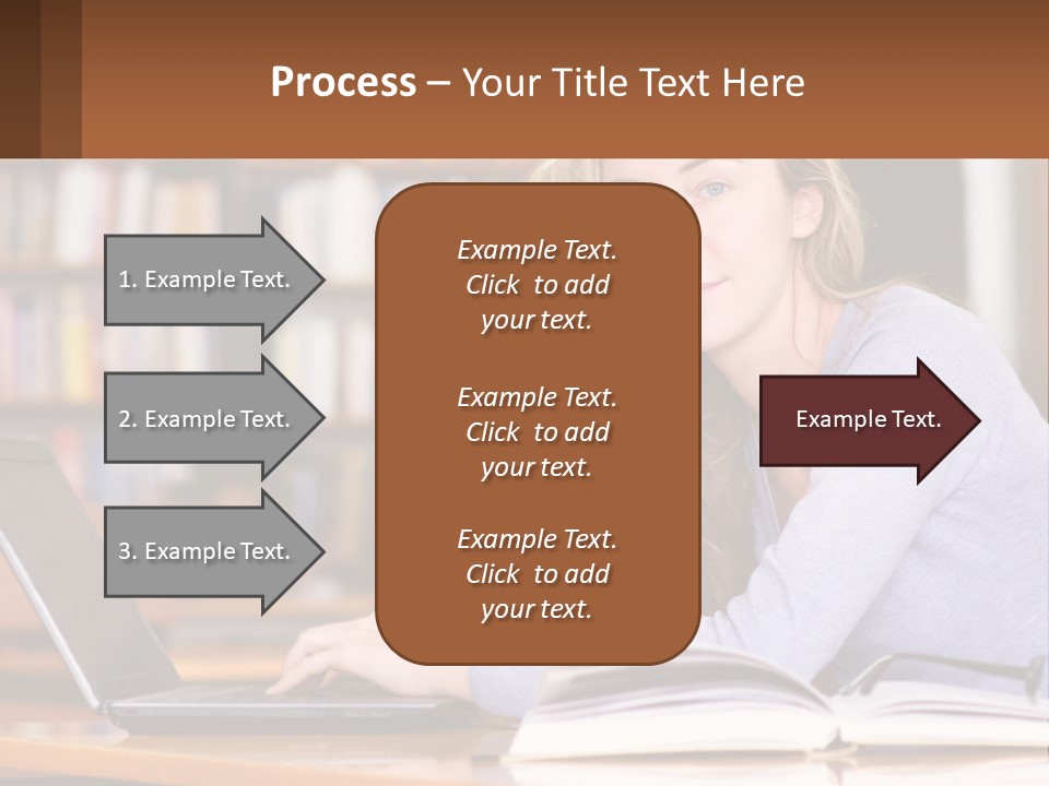 A Woman Sitting At A Table With A Book In Front Of Her PowerPoint Template