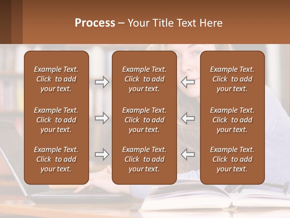A Woman Sitting At A Table With A Book In Front Of Her PowerPoint Template
