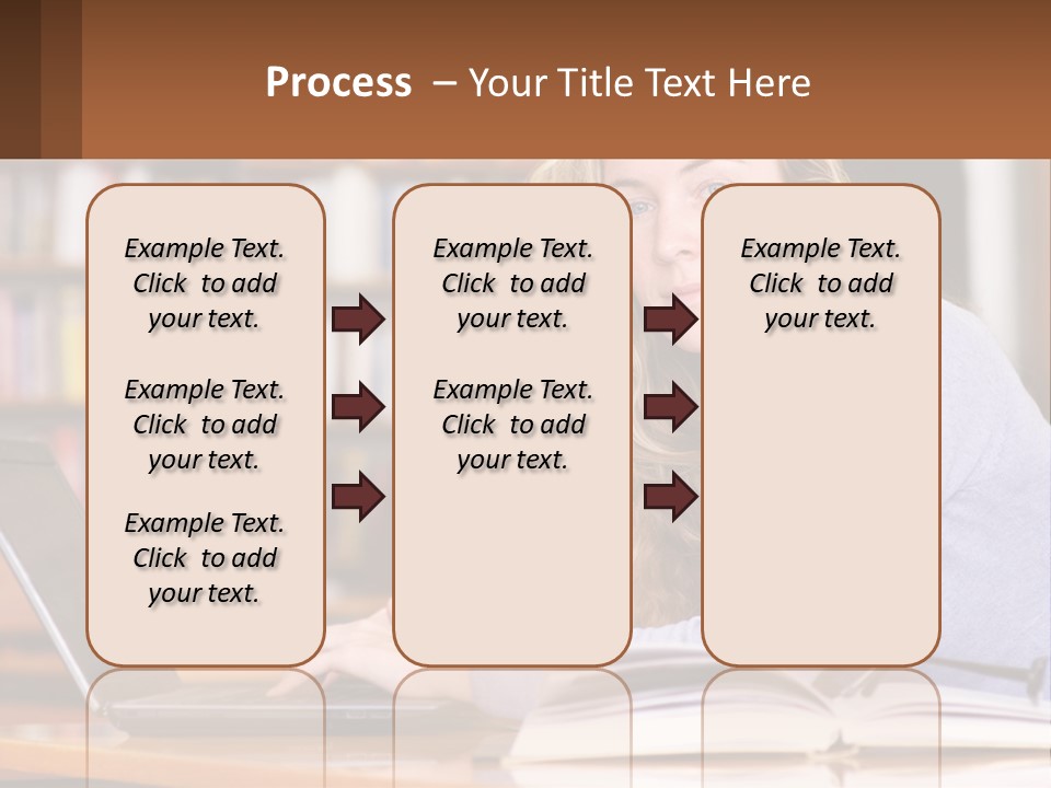 A Woman Sitting At A Table With A Book In Front Of Her PowerPoint Template