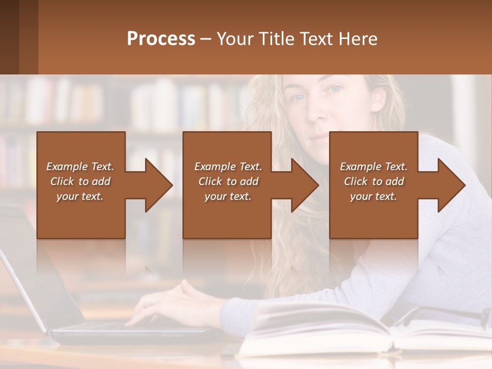 A Woman Sitting At A Table With A Book In Front Of Her PowerPoint Template
