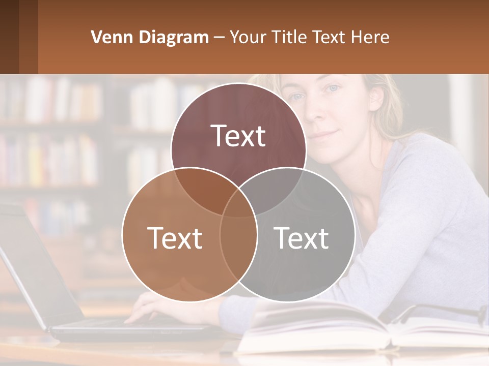 A Woman Sitting At A Table With A Book In Front Of Her PowerPoint Template