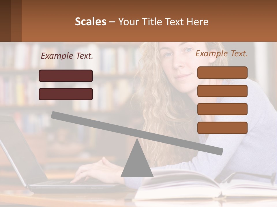 A Woman Sitting At A Table With A Book In Front Of Her PowerPoint Template