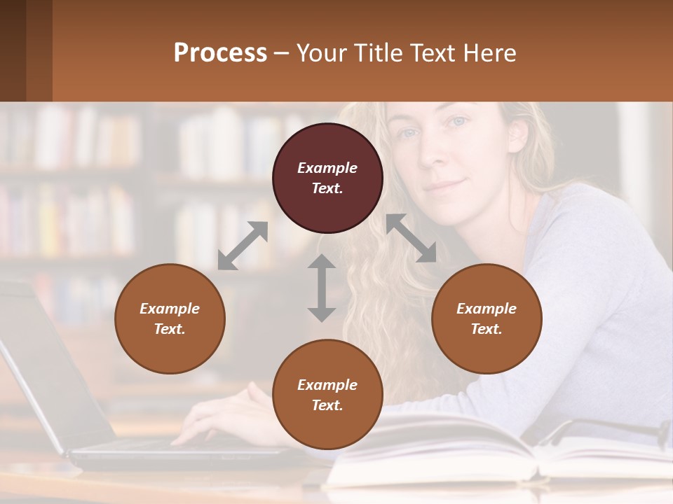 A Woman Sitting At A Table With A Book In Front Of Her PowerPoint Template
