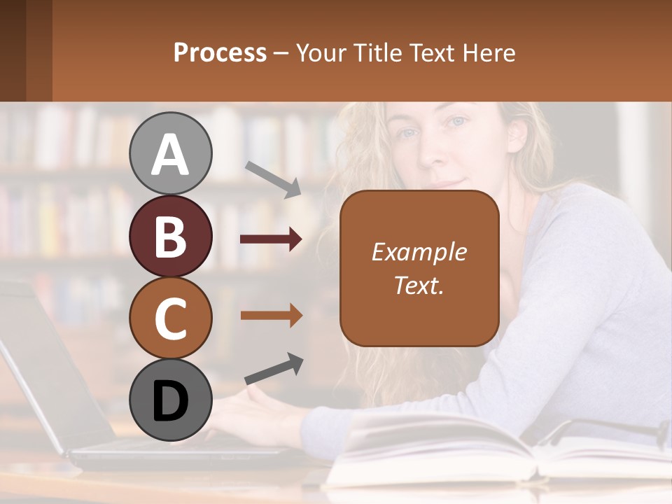 A Woman Sitting At A Table With A Book In Front Of Her PowerPoint Template