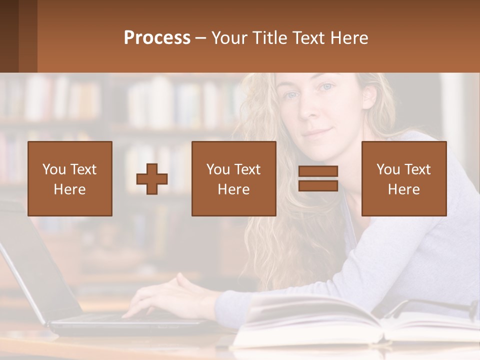 A Woman Sitting At A Table With A Book In Front Of Her PowerPoint Template