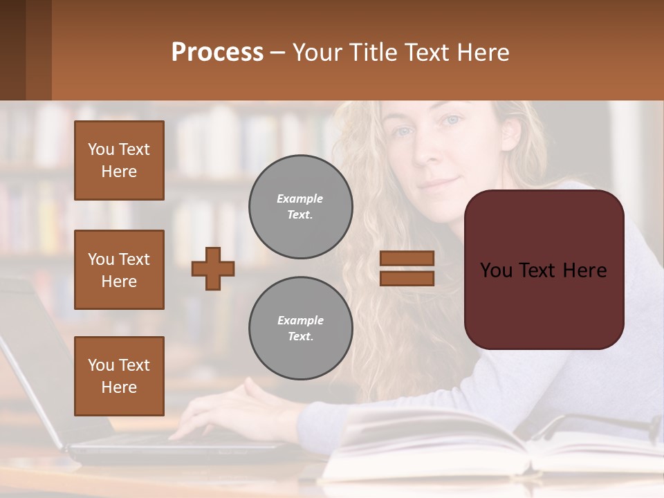 A Woman Sitting At A Table With A Book In Front Of Her PowerPoint Template