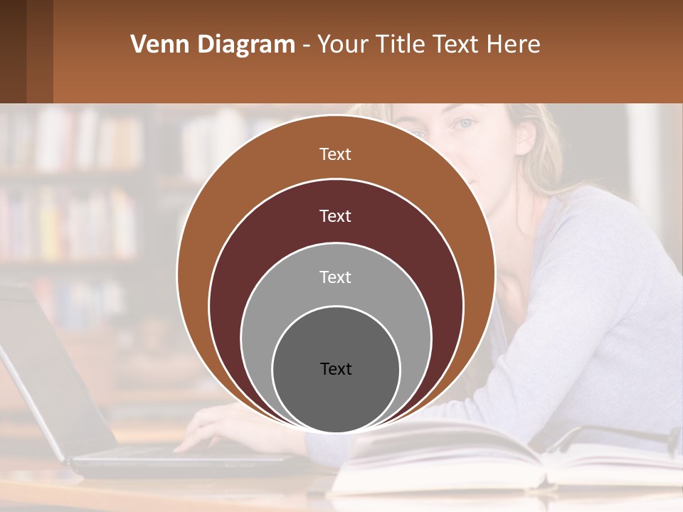 A Woman Sitting At A Table With A Book In Front Of Her PowerPoint Template