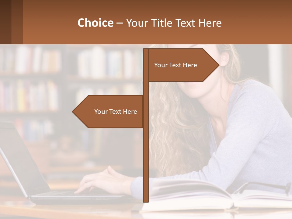 A Woman Sitting At A Table With A Book In Front Of Her PowerPoint Template