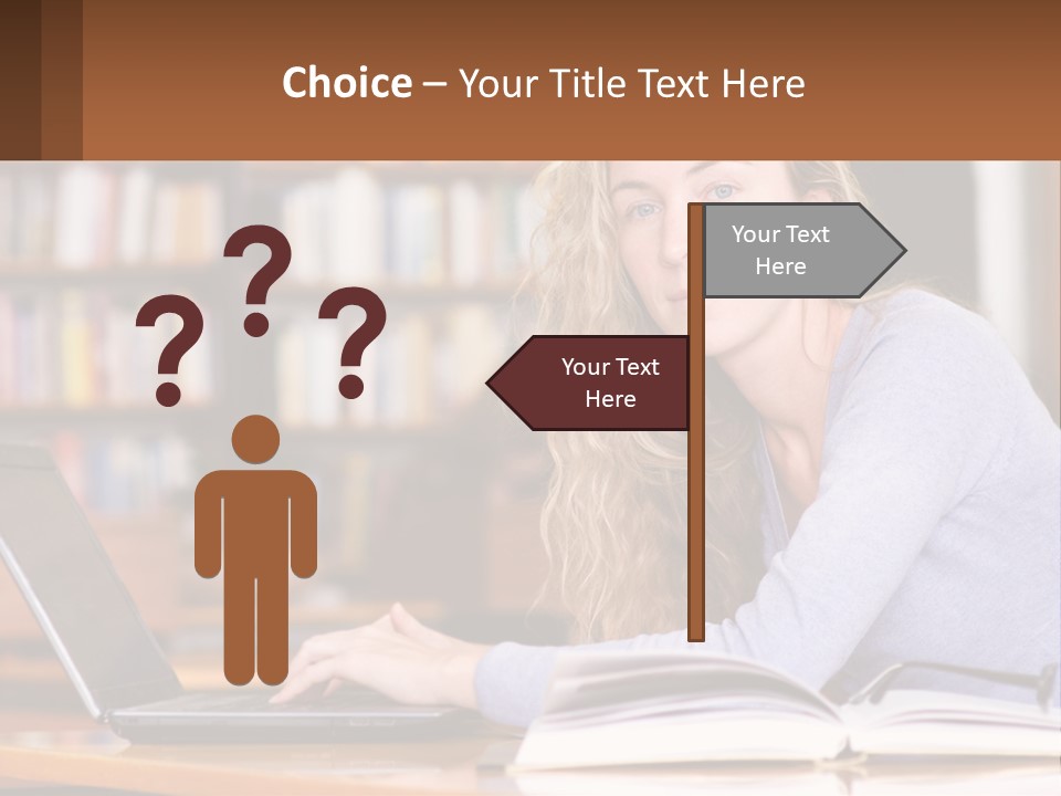 A Woman Sitting At A Table With A Book In Front Of Her PowerPoint Template