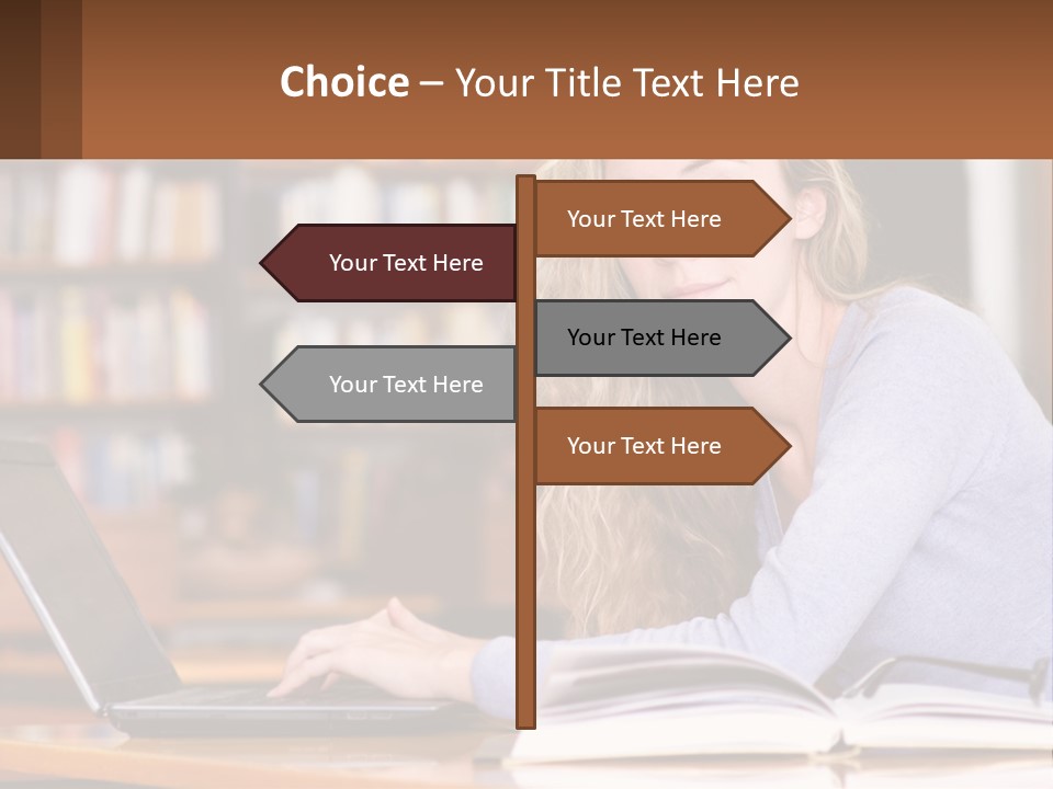 A Woman Sitting At A Table With A Book In Front Of Her PowerPoint Template