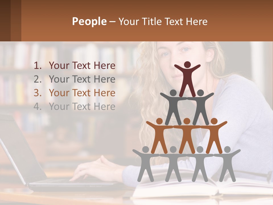 A Woman Sitting At A Table With A Book In Front Of Her PowerPoint Template