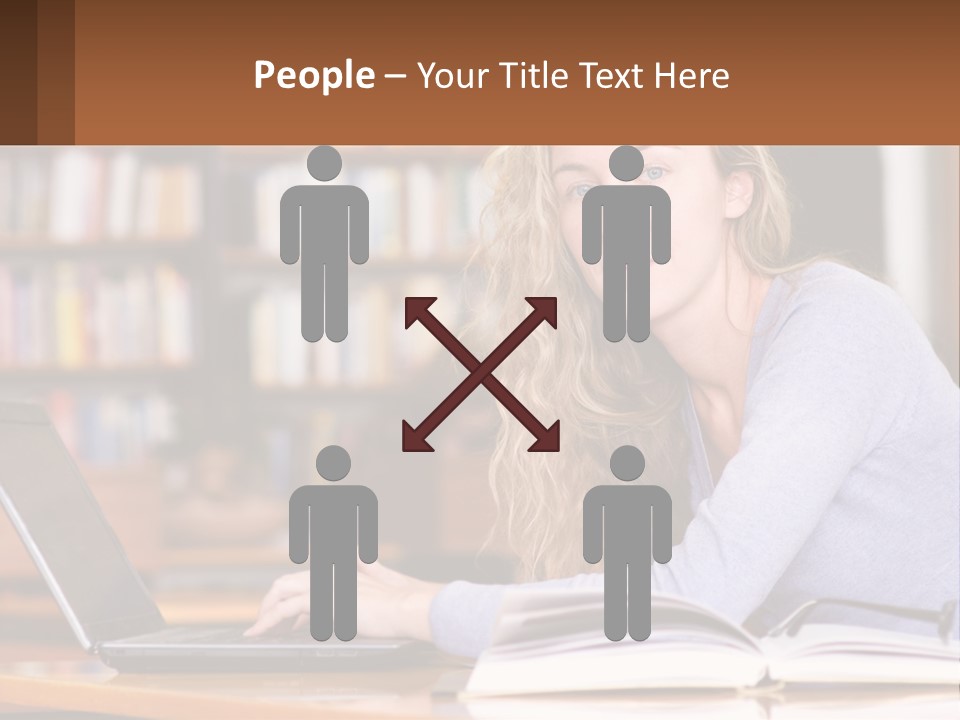 A Woman Sitting At A Table With A Book In Front Of Her PowerPoint Template