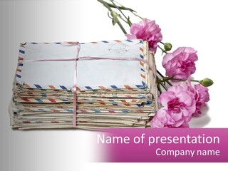 A Stack Of Envelopes With Pink Flowers On A White Background PowerPoint Template