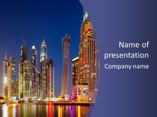 A City Skyline With Skyscrapers And Water At Night PowerPoint Template