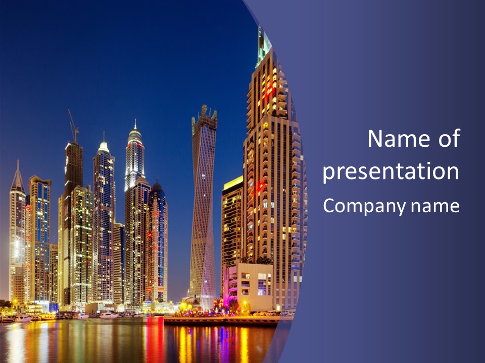 A City Skyline With Skyscrapers And Water At Night PowerPoint Template