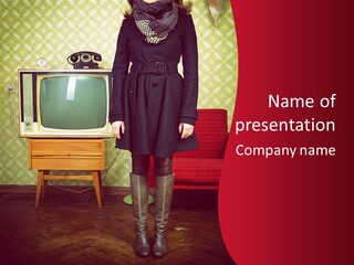 A Woman Standing In Front Of A Tv PowerPoint Template