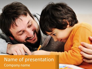 A Man And A Child Are Writing On A Piece Of Paper PowerPoint Template