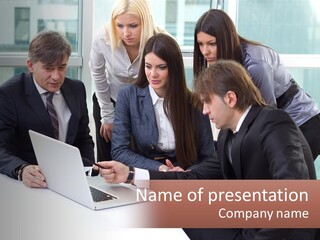A Group Of Business People Looking At A Laptop PowerPoint Template