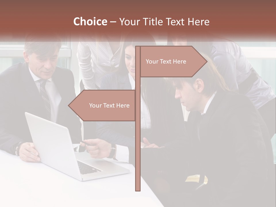 A Group Of Business People Looking At A Laptop PowerPoint Template